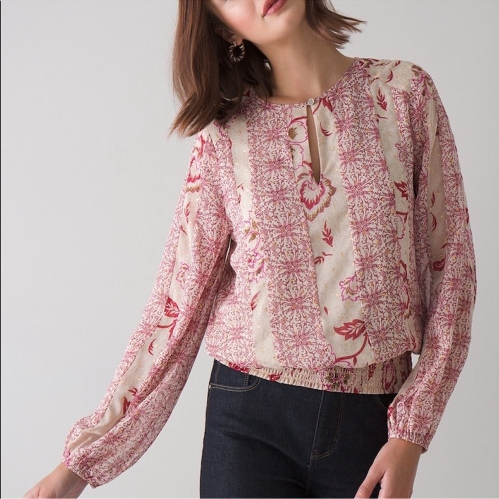 White House Black Market Red and Cream Sparkle Patterned Blouse